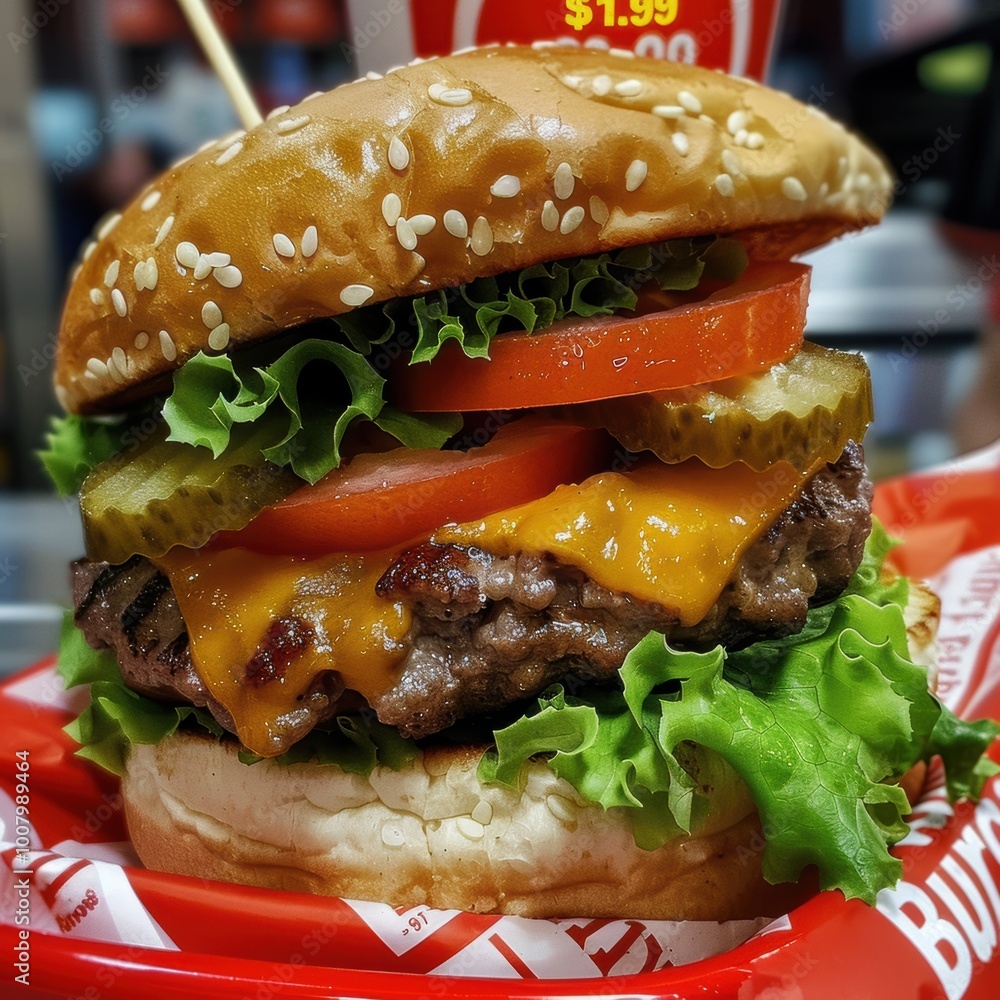 A mouthwatering cheeseburger stacked with lettuce, tomato, pickles, and melted cheese, presented in a sesame seed bun on a vibrant red tray.
