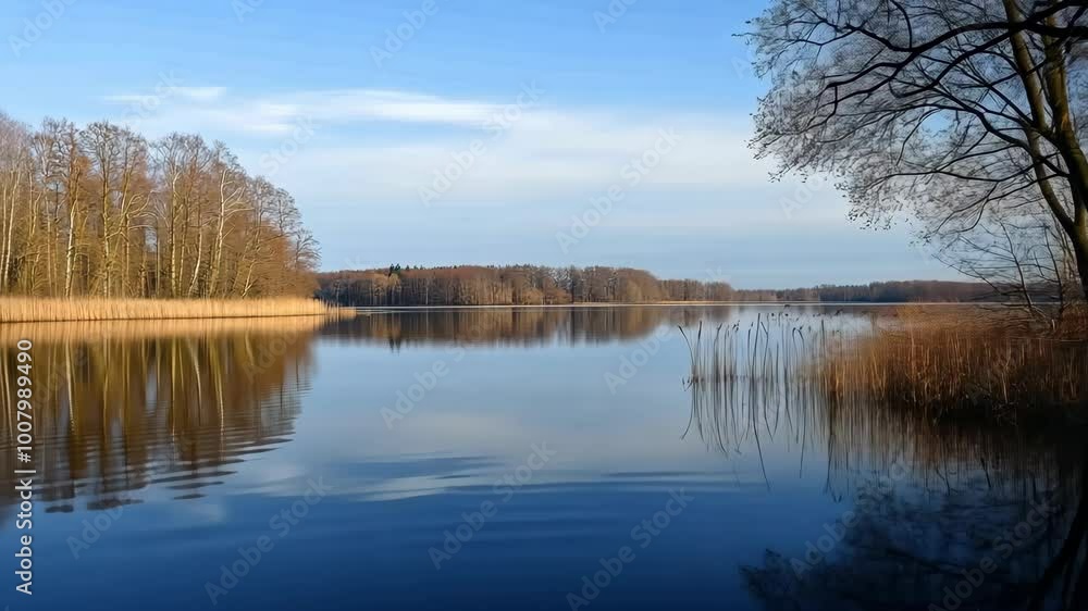 A calm lake reflects the blue sky and trees on a sunny afternoon A calm lake reflects the blue sky and trees on a sunny afternoon