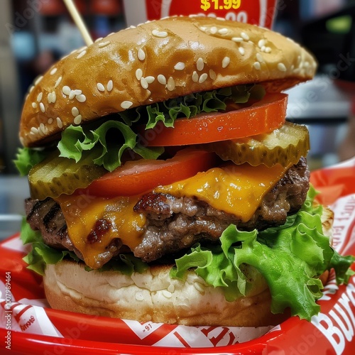 Obraz na płótnie A mouthwatering cheeseburger stacked with lettuce, tomato, pickles, and melted cheese, presented in a sesame seed bun on a vibrant red tray. w salonie