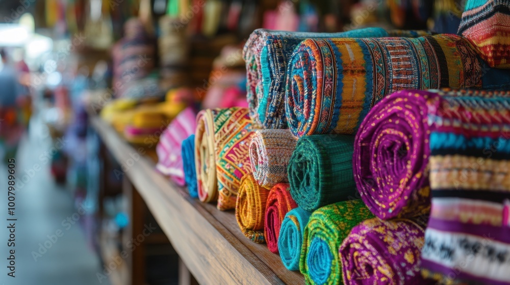 Fototapeta premium A close-up of colorful local handicrafts at the Kanchanaburi market, showcasing Thai culture.