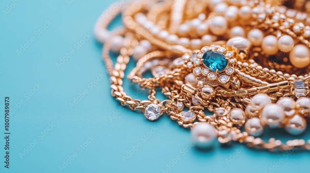 A close-up of assorted golden jewelry with pearls and gemstones, beautifully arranged on a turquoise background. A close-up of assorted golden jewelry with pearls and gemstones, beautifully arranged on a turquoise background.