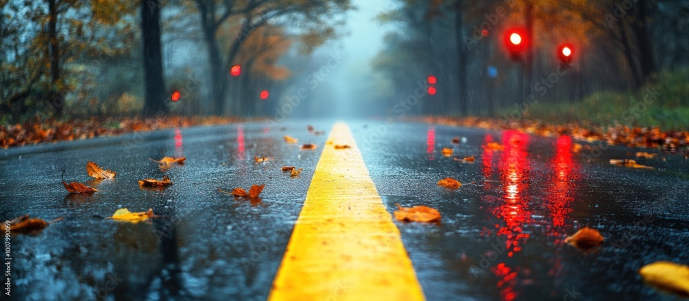 A wet asphalt road with a yellow dividing line, surrounded by trees ...