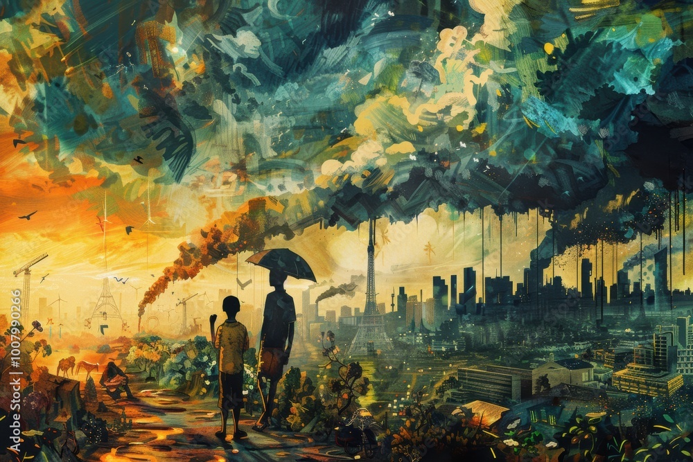 Two figures walk under an umbrella as they face a polluted cityscape, with dramatic clouds and smoke contrasting against a vibrant sunset.