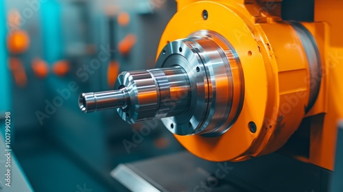 A close-up view of a precision-engineered industrial component, showcasing intricate metal parts and bright orange detailing.