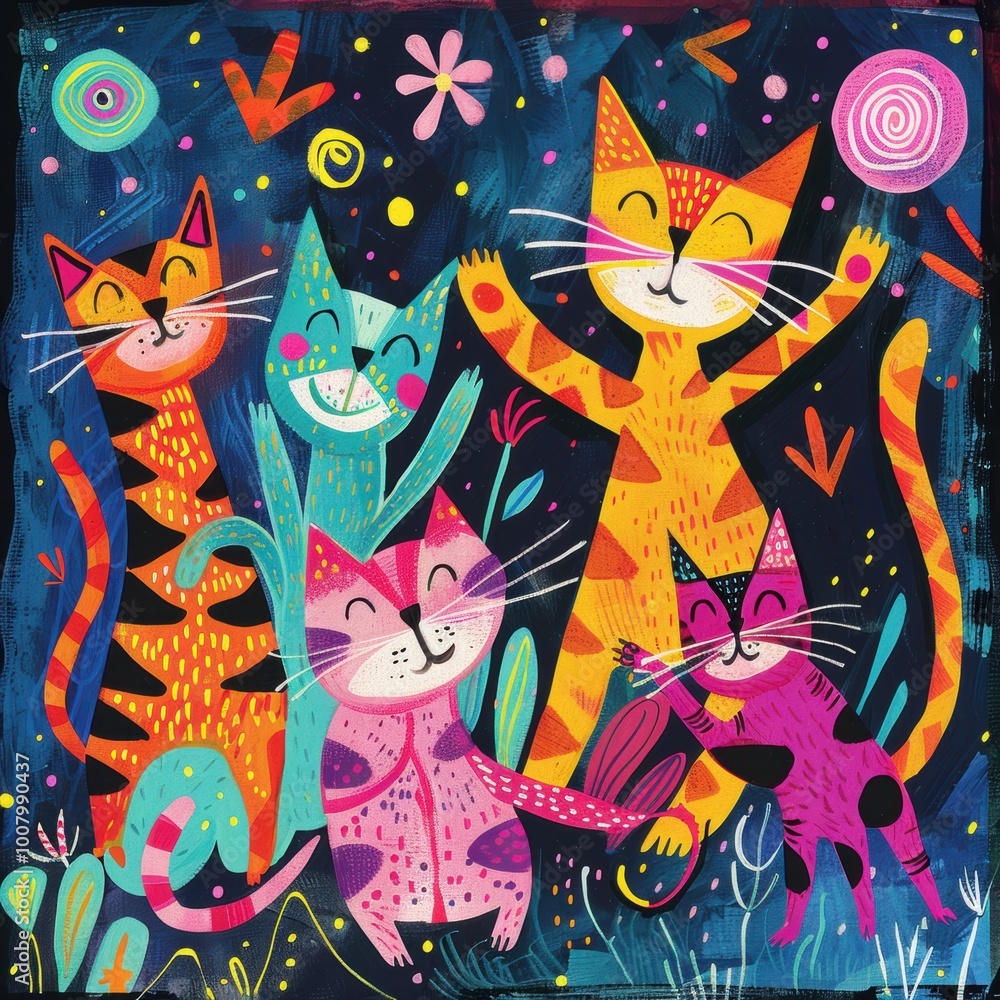 A colorful illustration of five playful cats with lively expressions against a vibrant, starry background.