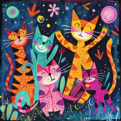Obraz na płótnie A colorful illustration of five playful cats with lively expressions against a vibrant, starry background. w salonie