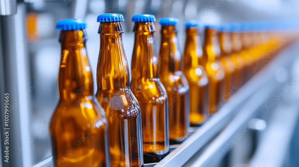 A line of amber bottles on a production line, featuring blue caps, showcasing a modern bottling process in a factory setting. A line of amber bottles on a production line, featuring blue caps, showcasing a modern bottling process in a factory setting.