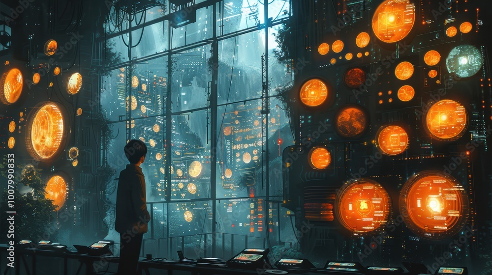 A figure stands in a futuristic, illuminated room filled with intricate, glowing circles and digital displays, surrounded by a moody, atmospheric ambiance.