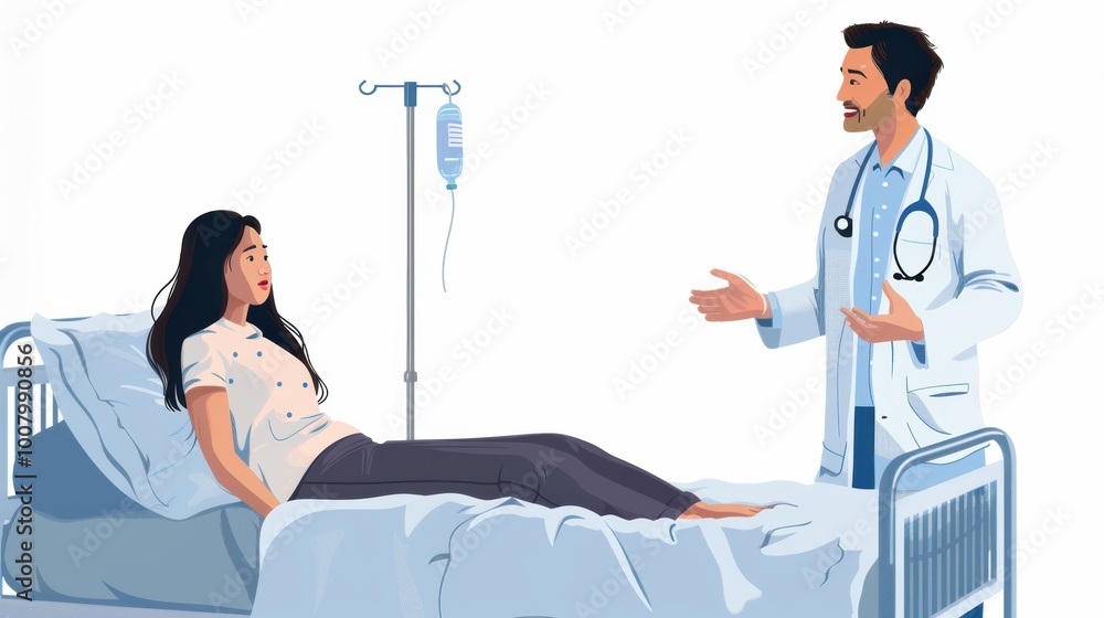 A doctor discusses treatment with a patient in a hospital setting, conveying care and professionalism.