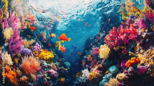 Underwater ballet, vibrant sea creatures dancing through colorful coral reefs, surreal dreamlike colors, tilted angle