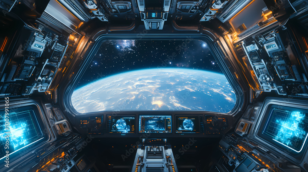 Sleek spaceship interior with a view of distant galaxies through the window, sci-fi digital art. Spaceship Interior. Illustration Sleek spaceship interior with a view of distant galaxies through the window, sci-fi digital art. Spaceship Interior. Illustration
