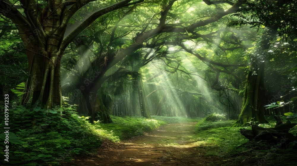 Obraz premium Sunbeams Illuminating a Path Through a Lush Tropical Forest