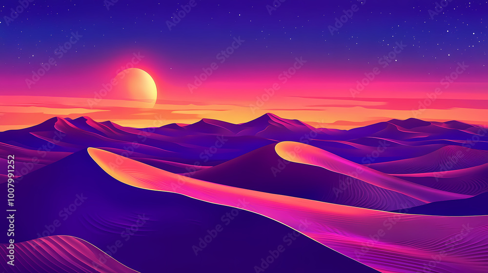 Smooth sand dunes under a neon sunset sky in the desert. background. wallpaper. Neon Wasteland. Illustration Smooth sand dunes under a neon sunset sky in the desert. background. wallpaper. Neon Wasteland. Illustration