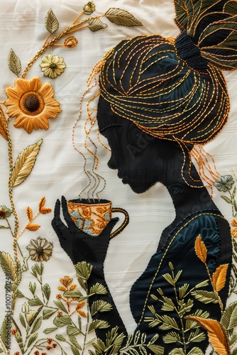 A beautifully embroidered silhouette of a woman holding a cup, surrounded by flowers and intricate floral designs in warm colors.