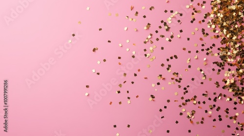 A vibrant pink background scattered with golden and shimmering glitter particles, creating a festive and celebratory ambiance.