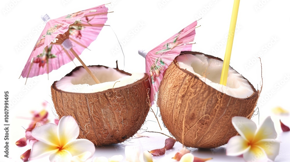 Two coconut halves filled with refreshing drink, adorned with pink umbrellas and surrounded by tropical flowers.