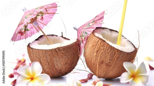 Obraz na płótnie Two coconut halves filled with refreshing drink, adorned with pink umbrellas and surrounded by tropical flowers. w salonie