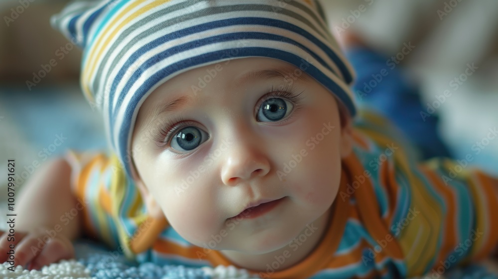 A curious baby with striking blue eyes wears a striped hat and colorful outfit, lying on a soft surface.