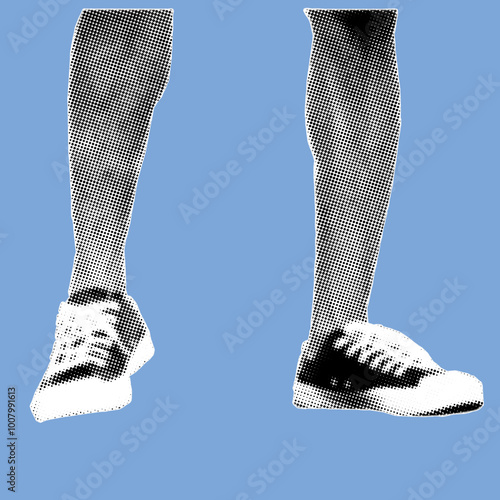 Close up of foot wearing canvas shoes pixelate color halftone dotted texture style collage element isolated on blue background
