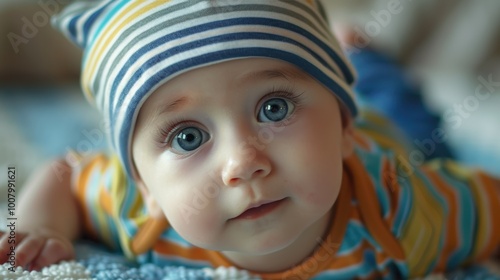 Obraz na płótnie A curious baby with striking blue eyes wears a striped hat and colorful outfit, lying on a soft surface. w salonie