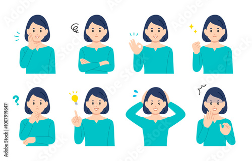いろいろな表情やポーズをする若い女性のセット【人物ベクターイラスト素材】