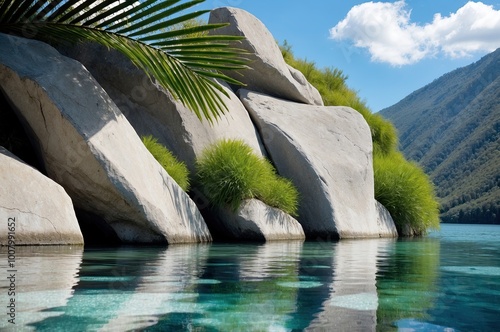 A modern outdoor swimming pool with a circular platform in the middle, surrounded by lush greenery and with a scenic mountain landscape in the background under a blue sky with fluffy clouds photo