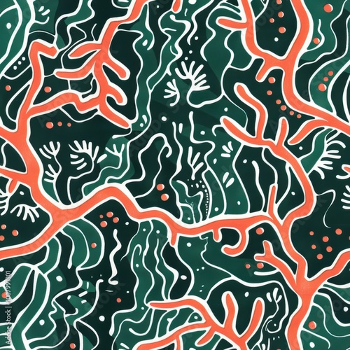 Abstract pattern featuring vibrant coral and green organic shapes, creating a dynamic and visually engaging design.