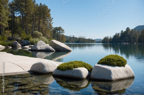 A modern outdoor swimming pool with a circular platform in the middle, surrounded by lush greenery and with a scenic mountain landscape in the background under a blue sky with fluffy clouds photo