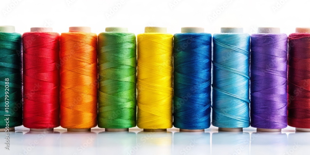 Colorful sewing threads arranged neatly in a row, showcasing a variety of hues for crafting projects Colorful sewing threads arranged neatly in a row, showcasing a variety of hues for crafting projects