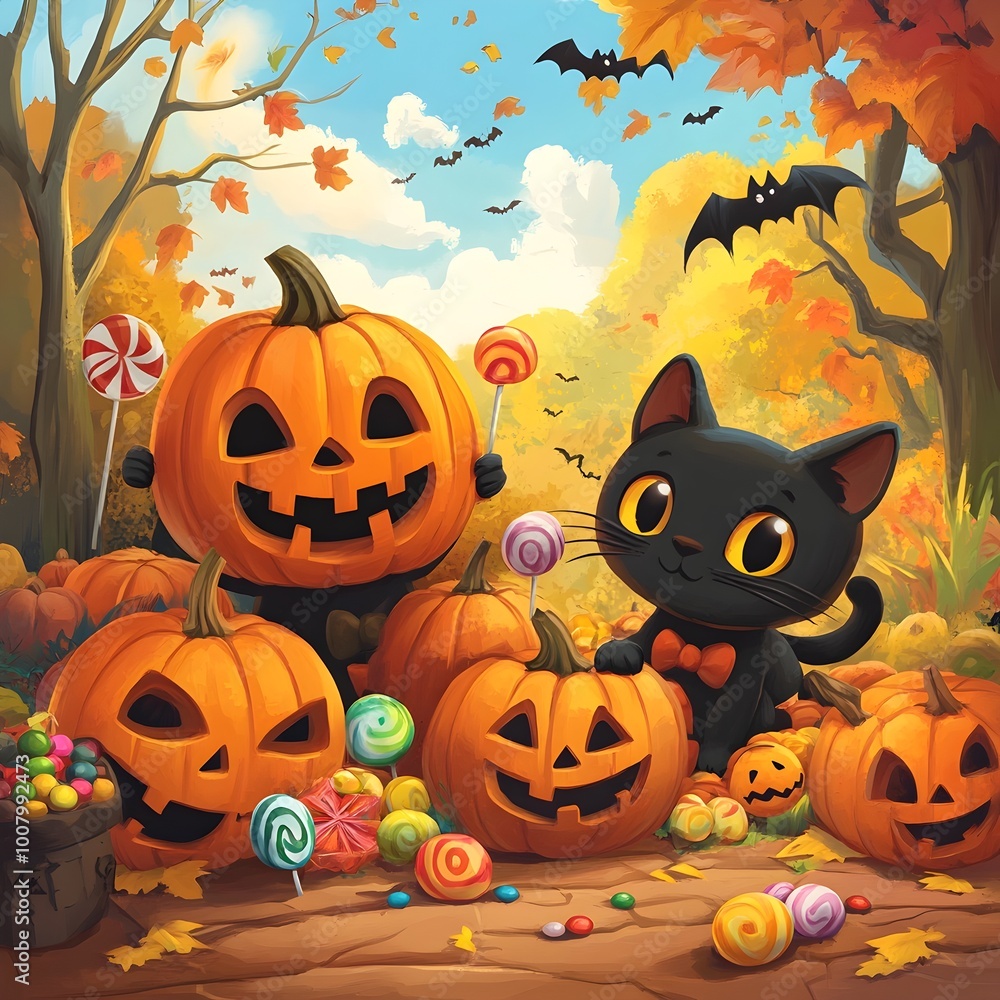 Cheerful Halloween Pumpkin Patch with Playful Jack o lanterns and Adorable Black Cats Cheerful Halloween Pumpkin Patch with Playful Jack o lanterns and Adorable Black Cats