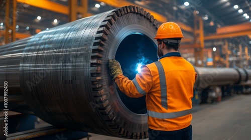 A worker inspects a large cylindrical metal object in a factory, wearing protective clothing and a hard hat, with industrial equipment in the background.