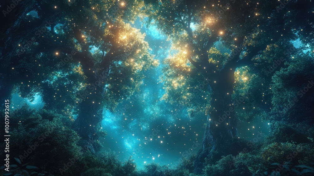 Worms-eye view of a vibrant fantasy forest, intertwined with shimmering galaxies, glowing constellations shining through the foliage Worms-eye view of a vibrant fantasy forest, intertwined with shimmering galaxies, glowing constellations shining through the foliage