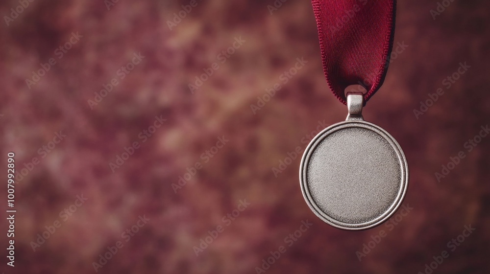 A silver medal hangs from a red ribbon, set against a textured background, symbolizing achievement and recognition.