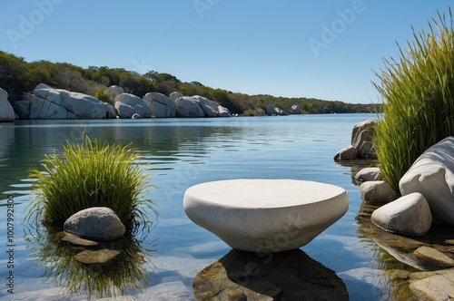 A modern outdoor swimming pool with a circular platform in the middle, surrounded by lush greenery and with a scenic mountain landscape in the background under a blue sky with fluffy clouds photo