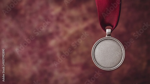 Obraz na płótnie A silver medal hangs from a red ribbon, set against a textured background, symbolizing achievement and recognition. w salonie