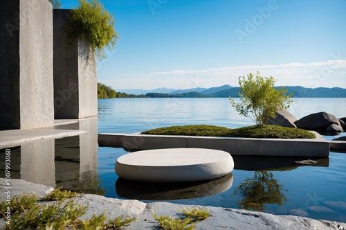 A modern outdoor swimming pool with a circular platform in the middle, surrounded by lush greenery and with a scenic mountain landscape in the background under a blue sky with fluffy clouds photo