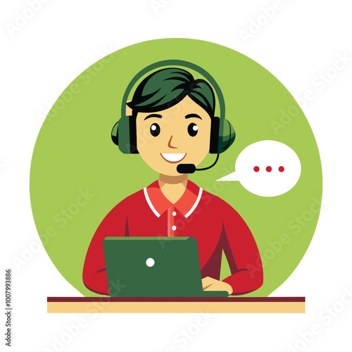 A customer service representative is actively assisting clients using a headset and laptop conveying support in a friendly manner at a call center