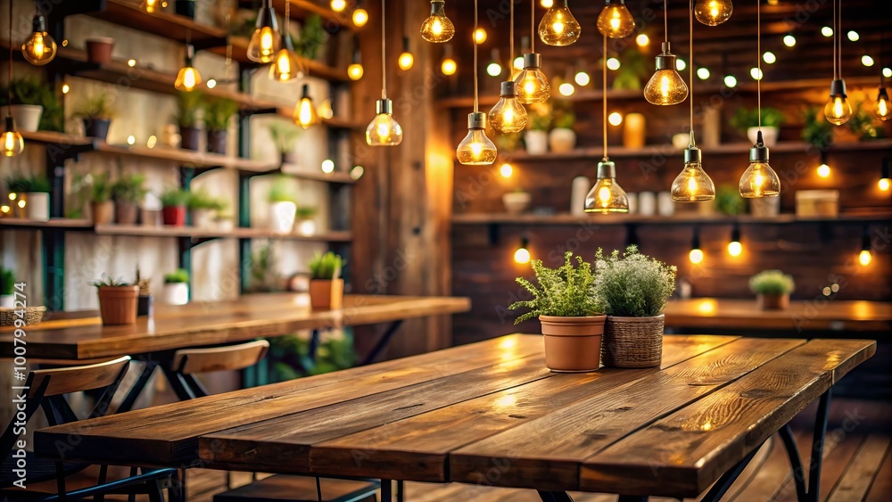 Cozy Wooden Table Setup with Shelf Decor and String Lights for Charming Cafe or Restaurant Ambiance Cozy Wooden Table Setup with Shelf Decor and String Lights for Charming Cafe or Restaurant Ambiance