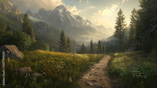 A Mountain Trail Through a Verdant Forest