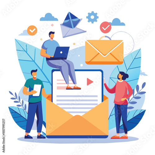 This illustration depicts the concept of email services with users engaged in sending messages showcasing modern communication tools and elements