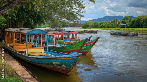 The colorful boats moored along the River Kwai, adding vibrancy to the serene landscape.