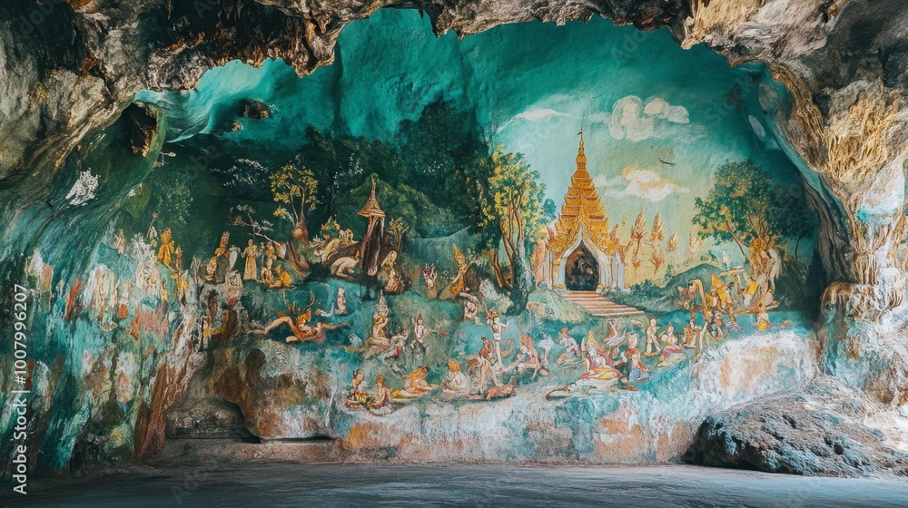 Fototapeta premium The colorful murals inside Wat Phayap Cave, depicting stories from Thai mythology.