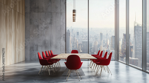 Minimalist empty office with a red armchair in front of a white wall and a large window with curtains