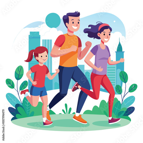 A joyful family jogs through a vibrant city park enjoying quality time together amid urban scenery and lush plants on a sunny day