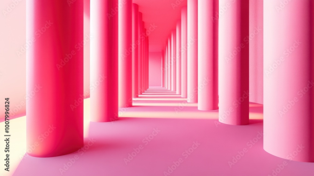 3D rendering of smooth pink columns arranged in a minimalist geometric layout with subtle lighting effects 3D rendering of smooth pink columns arranged in a minimalist geometric layout with subtle lighting effects