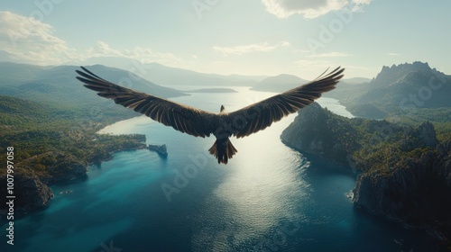 A majestic eagle soars over a serene landscape of mountains and water. photo