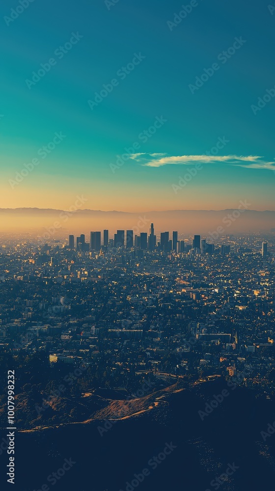 Fototapeta premium A breathtaking aerial view of a modern city skyline at sunset, showcasing architectural beauty and vibrant urban life.