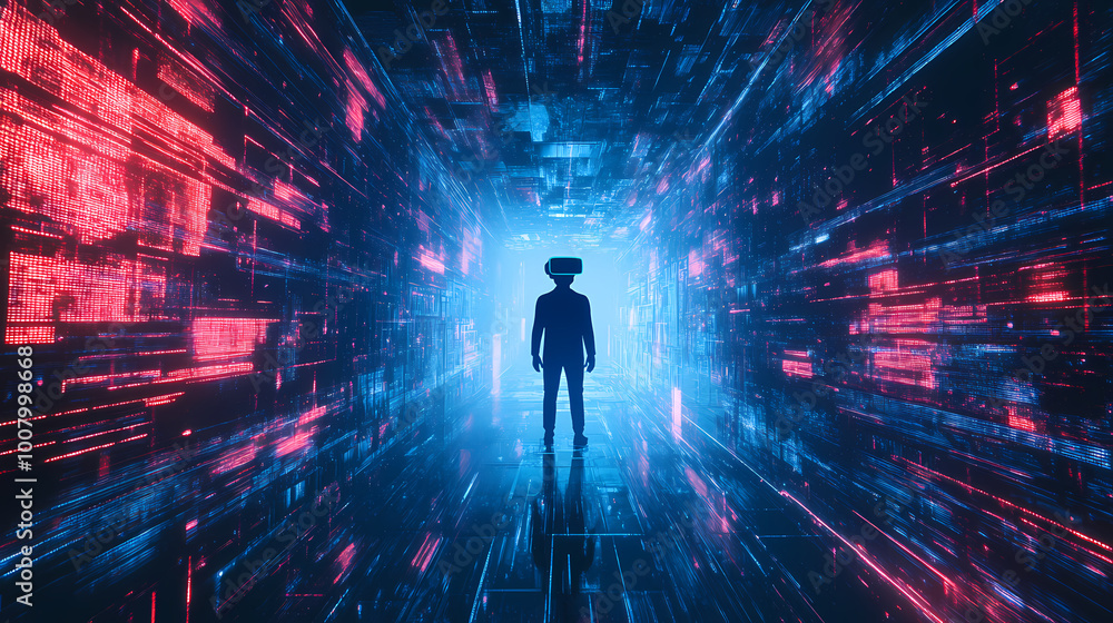 Virtual reality world with a fictional man exploring video game cyberspace. Virtual Reality World. Illustration Virtual reality world with a fictional man exploring video game cyberspace. Virtual Reality World. Illustration