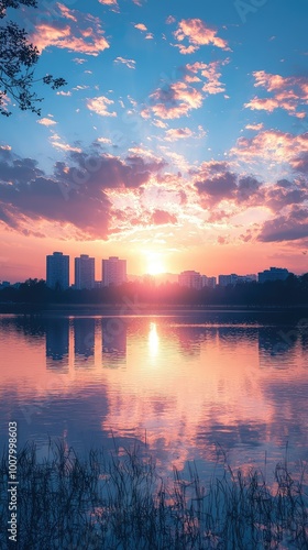 A breathtaking sunset over the water, reflecting vibrant colors and silhouetting urban buildings against a picturesque sky.