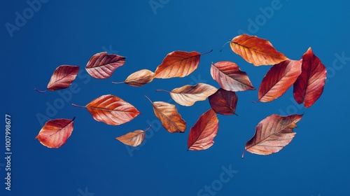 Autumn-inspired transparent leaves floating against a vibrant blue background creating a seasonal feel photo